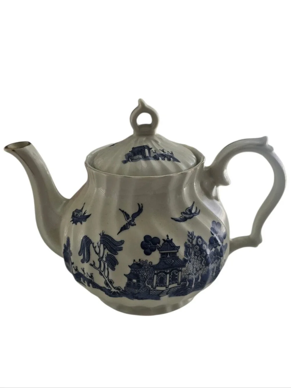 Vintage Japan Blue Willow Style Porcelain Teapot Cottagecore Chinoiserie Decor